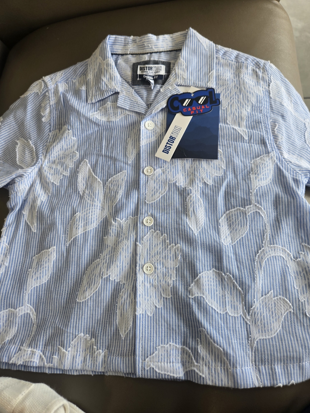 Distortion Kids' Light Blue Striped Button-Down Shirt with White Floral Appliqué